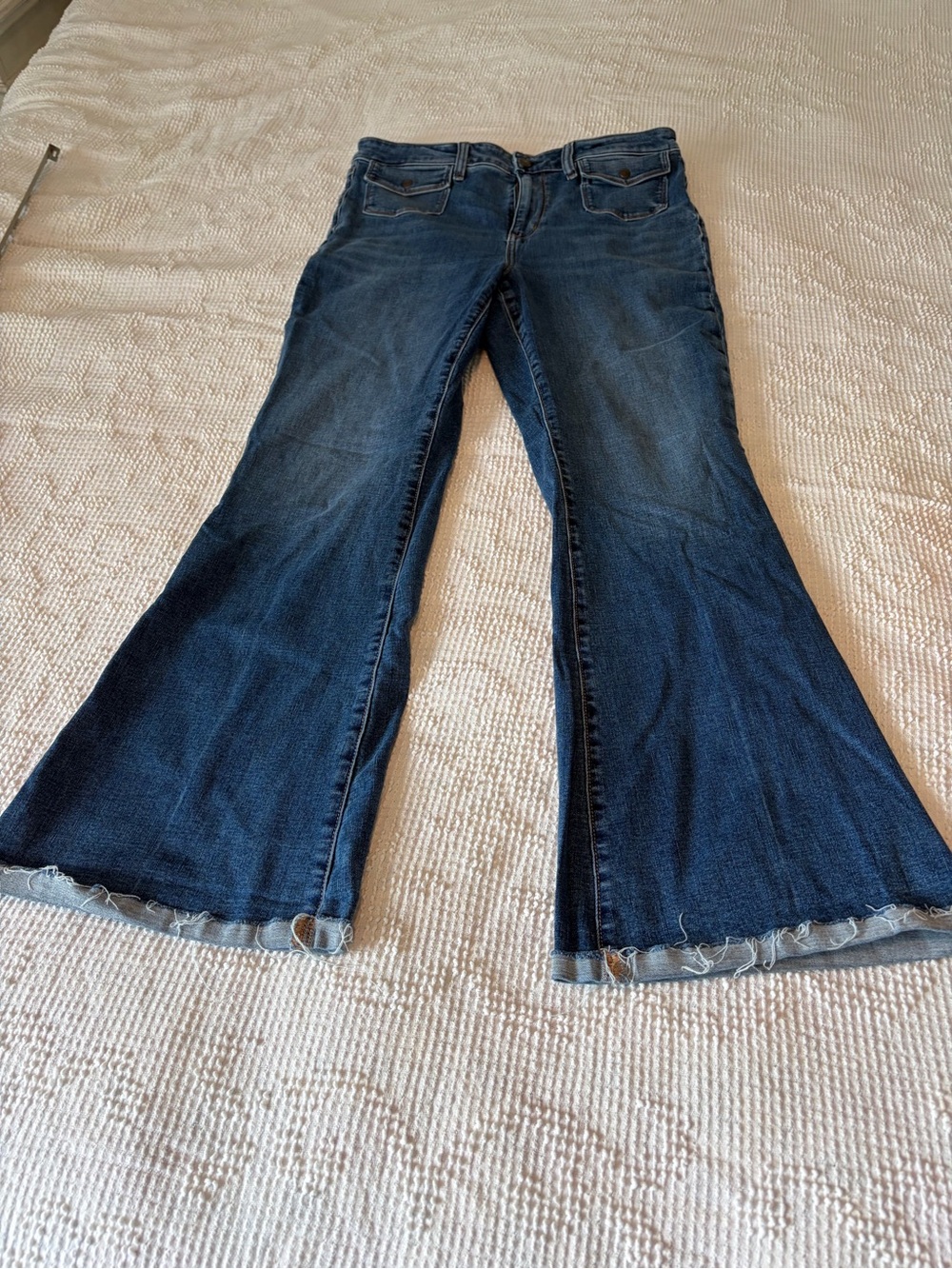 American Eagle Next Level Stretch Dark Blue Flare Jeans Distressed Hem Size 14R